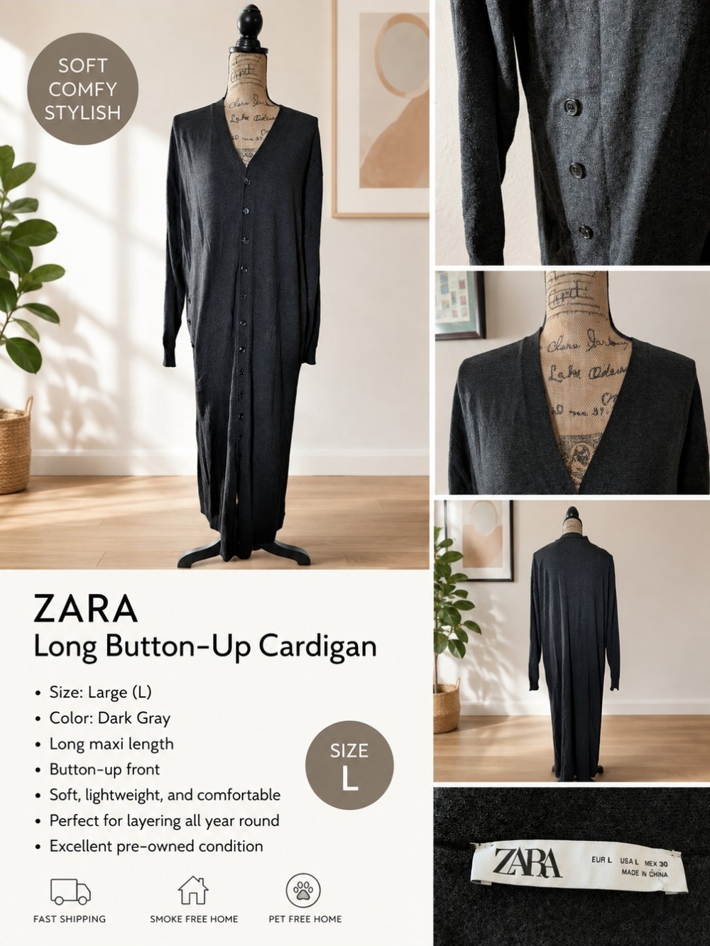 ZARA Dark Gray Long Button-Up Cardigan